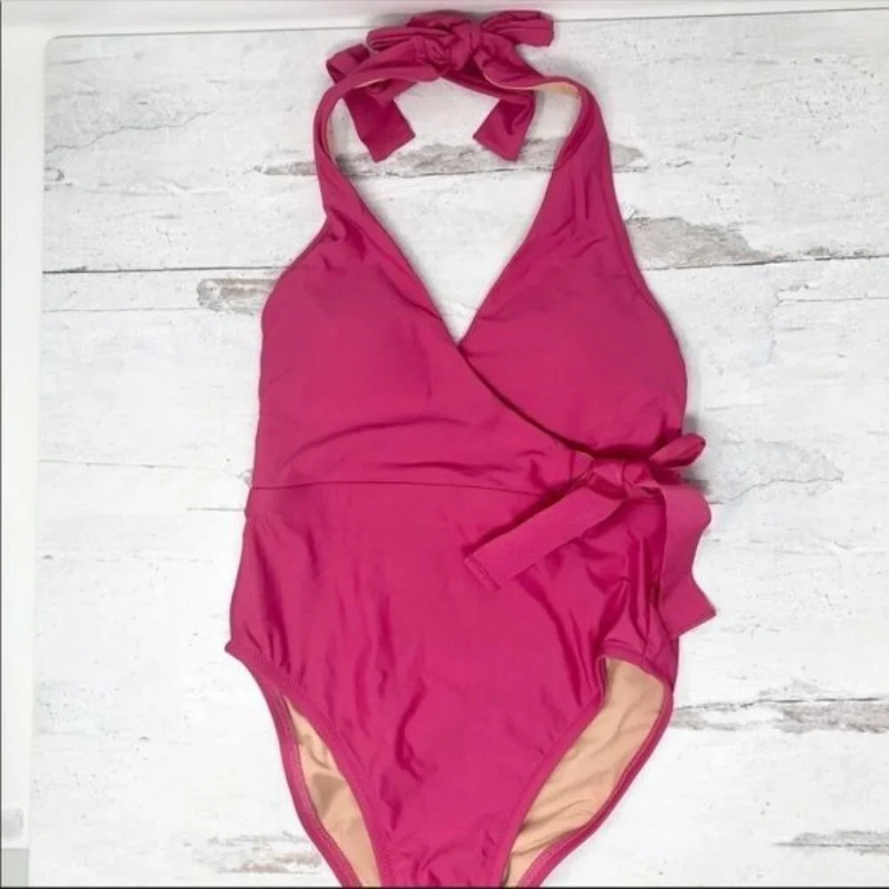 J. Crew Halter Wrap One-piece Swimsuit, Fuchsia Bloom NWT